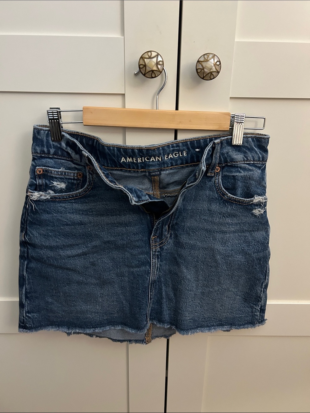 American Eagle Outfitters Dark Blue Distressed Denim Mini Skirt